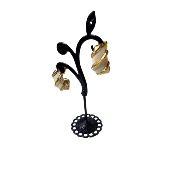 Vintage 80s-90s Signed Robert Manse Gold-tone White Enamel Twisted Rope Earrings - Picture 8 of 14